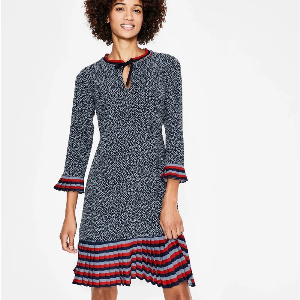 Boden navy polka dot Lara Pleat Detail Dress SIZE 12